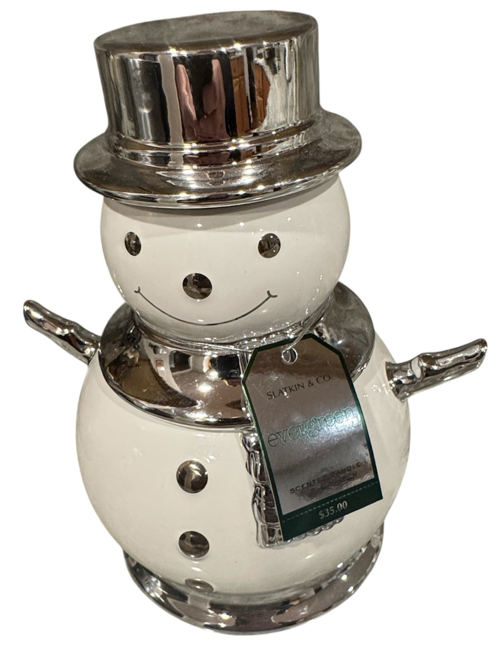 Slatkin & Co. 2008 snowman candle silver-accented trim & top hat lid  NO BOX NWT
